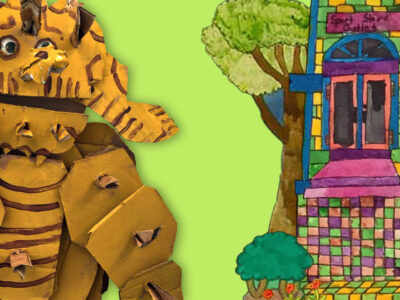 A cardboard creature and a detailed and colorful depiction of a house, both against a lime green background.