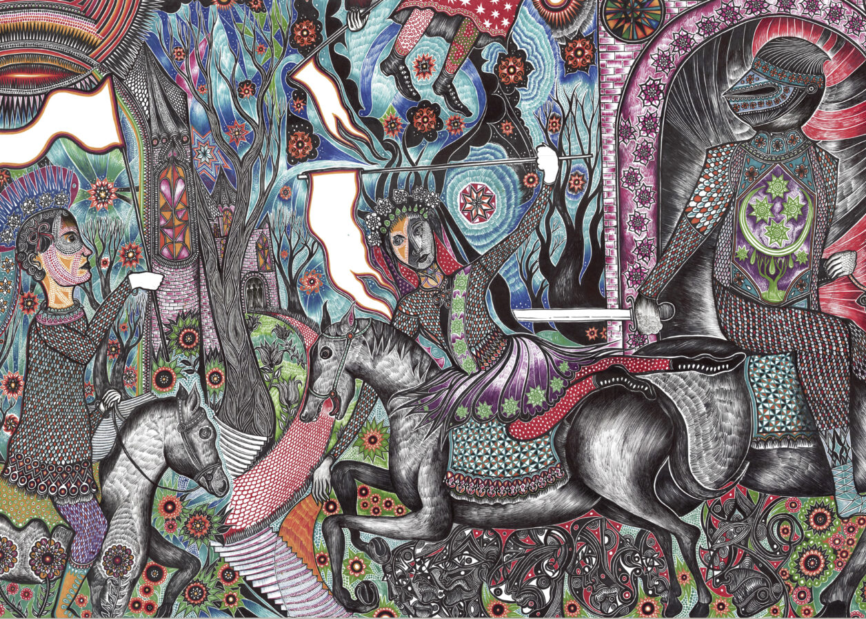 An intricately detailed pen and colored pencil drawing of a medieval-like scene.