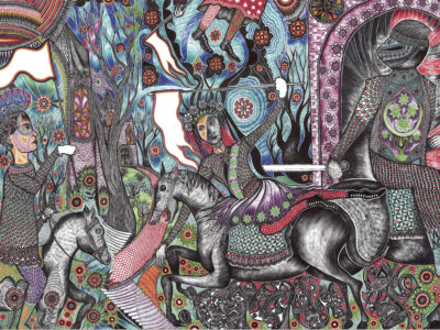 An intricately detailed pen and colored pencil drawing of a medieval-like scene.