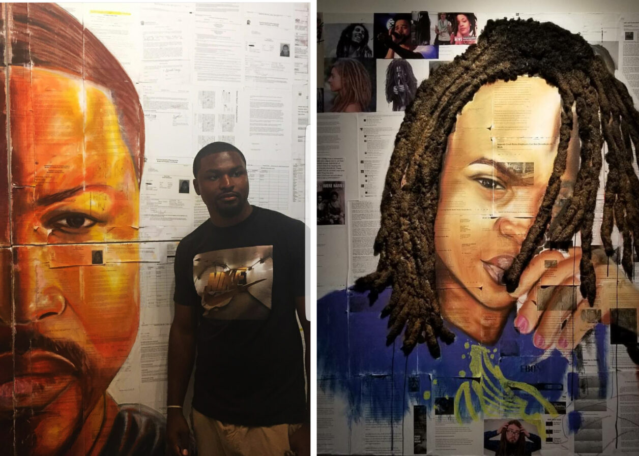 A split image. On the left is a photo of Russell Craig standing next to a large self-portrait. On the right is a painted portrait of a woman with dreadlocks.