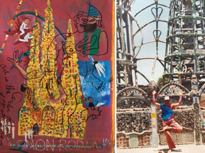 A split image. On the left is a painting by Isaiah Zagar of the Watts Towers in Los Angeles. On the right is a photograph of Isaiah standing in front of the Watts Towers.