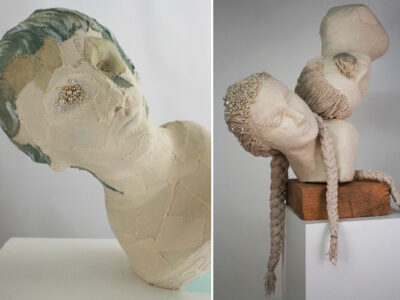 A split image. Both show fabric busts, mainly white in color, by artist Tasha Lewis.