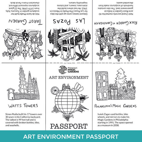 Art Environment Passport in English. Line drawings and descriptions of other art environments around the world. Can be folded into a little booklet. 