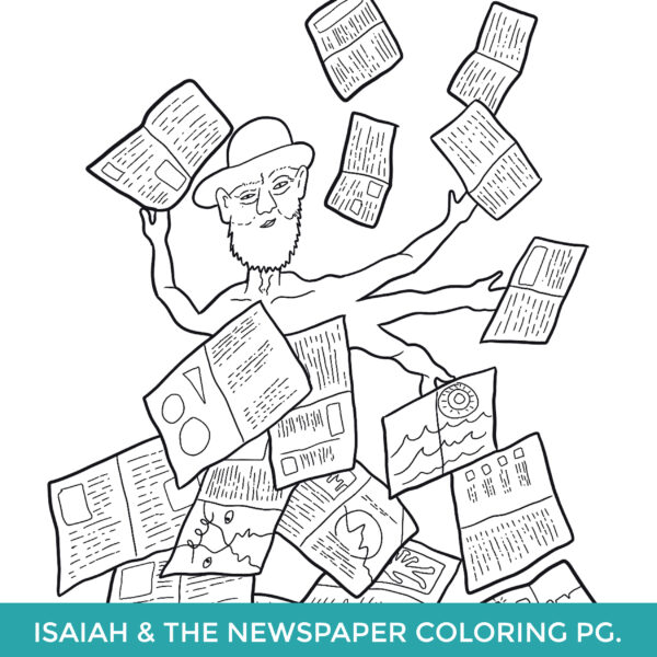 Line drawing of Isaiah Zagar with four arms tossing papers up in the air around him. 