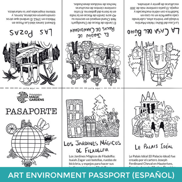 Art Environment Passport in Spanish. Line drawings and descriptions of other art environments around the world. Can be folded into a little booklet. 