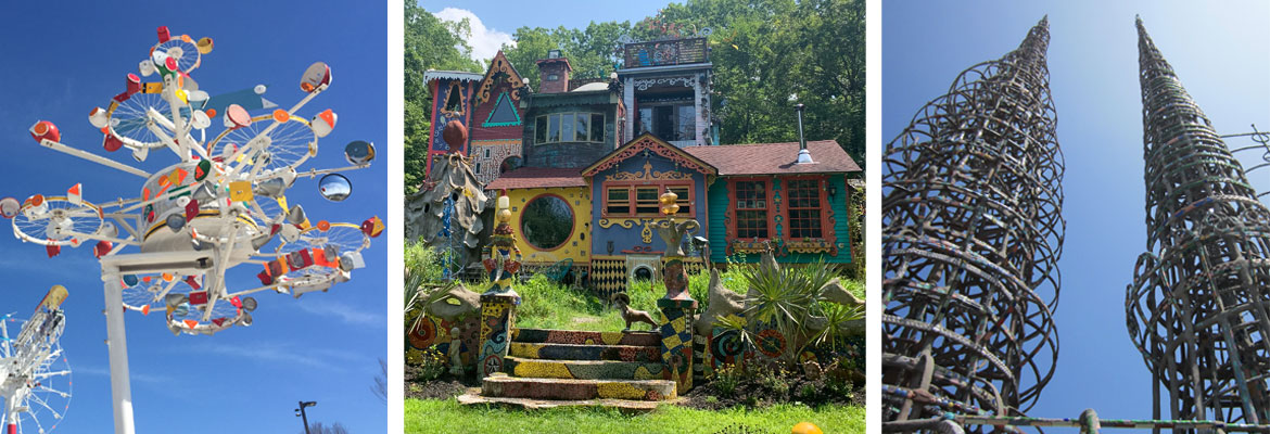 A group of three images depicting three art environments. One is a colorful whirligig made of mirrors and wheels from the Whirligig Park in Wilson, North Carolina. The center image shows the home of Ricky Boscarino called Luna Parc. It is a colorful home with various shaped windows and mosaicked steps leading up to it. The leftmost image is of the Watts Towers in Los Angeles and shows two spiraled towers extending towards a blue sky.