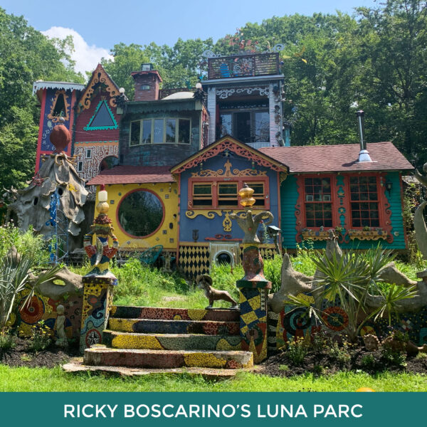 Ricky Boscarino’s Luna Parc, a colorful multi-level home with mosaicked stairs leading up to it. 