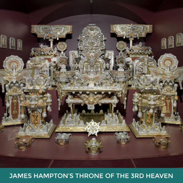James Hampton’s Throne of the 3rd Heaven. A complex collection of sculptures covered in gold and silver foil. 