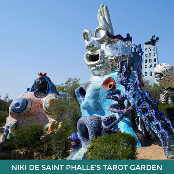 Niki de Saint Phalle’s Tarot Garden. Very large humanoid sculptures covered in mirror and tile in an outdoor setting. 