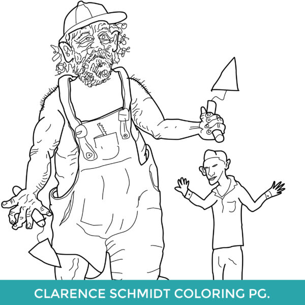 Black & white line-drawing of artist Clarence Schmidt wearing overalls and holding a trowel. 