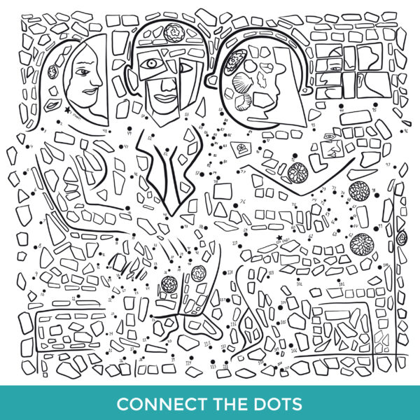 Connect the Dots. A black-and-white line drawing of a Connect the Dots featuring an image that looks like a Zagar mosaic.