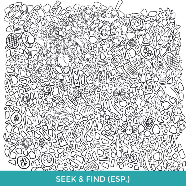 Seek and Find. Black and white line drawing showing a mass of tile-like shapes and other objects that can be found at Philadelphia's Magic Gardens. The list of things to find is in Spanish.