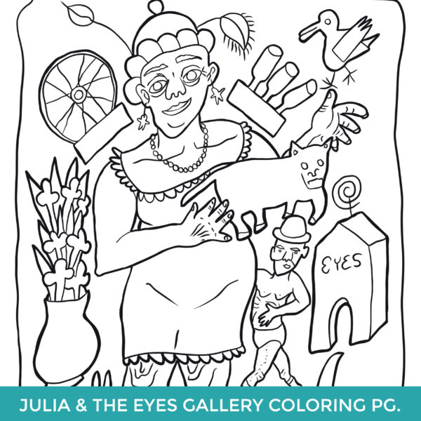 Line drawing of Julia Zagar wearing a hat and holding a cat. Small images of Isaiah Zagar, the Eye's Gallery, a bird, bike wheel, bottles, and a plant float around her.