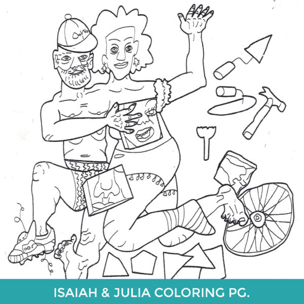 A black and white line drawing of Isaiah and Julia Zagar merged together at one shoulder. They appear to be leaping and are surrounded by tiles and various tools of the mosaicking trade.