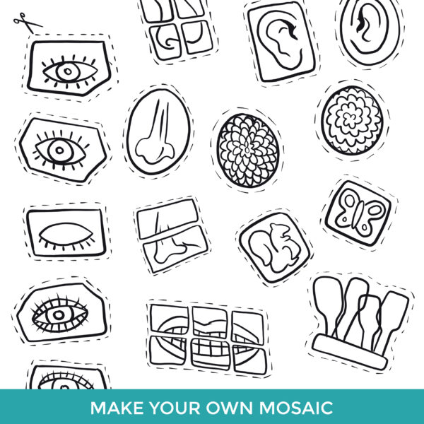 Make Your Own Mosaic. Black and white boxes you can cut out and arrange to make your own mosaic. They include images of eyes, noses, butterflies, and other common elements in Zagar's mosaics.