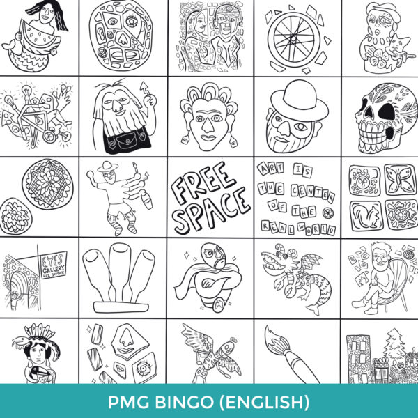 A Bingo Board in English, featuring black-and-white line drawings of folk art, portrayals of Isaiah and Julia Zagar, and other elements associated with Philadelphia's Magic Gardens.