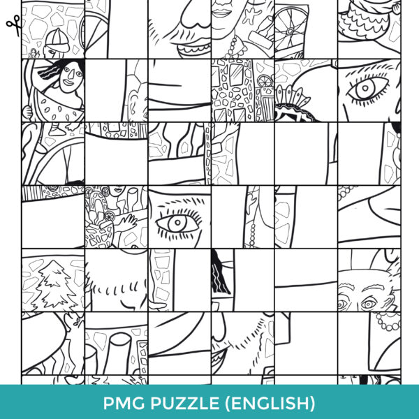 PMG Puzzle in English. A grid of squares with a jumble of black-and-white line drawings within then containing elements of Philadelphia's Magic Gardens. Meant to be colored and cut out to assemble into an image.