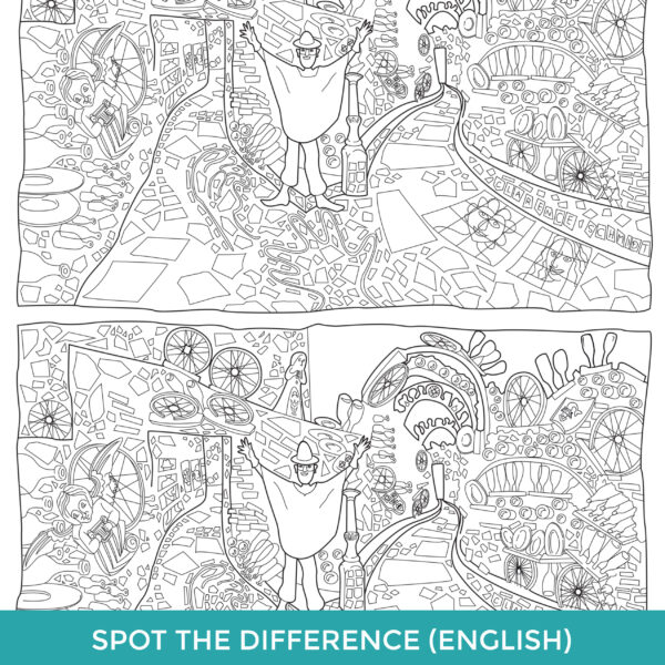 Spot the Difference in English. Image divided in half showing two complicated line drawings of Isaiah Zagar standing with his arms raised in Philadelphia's Magic Gardens.