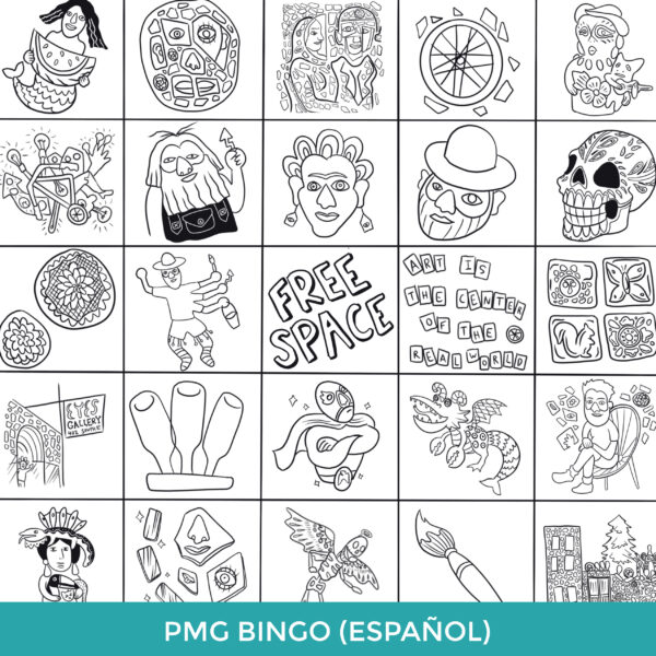 A Bingo Board in Spanish, featuring black-and-white line drawings of folk art, portrayals of Isaiah and Julia Zagar, and other elements associated with Philadelphia's Magic Gardens.