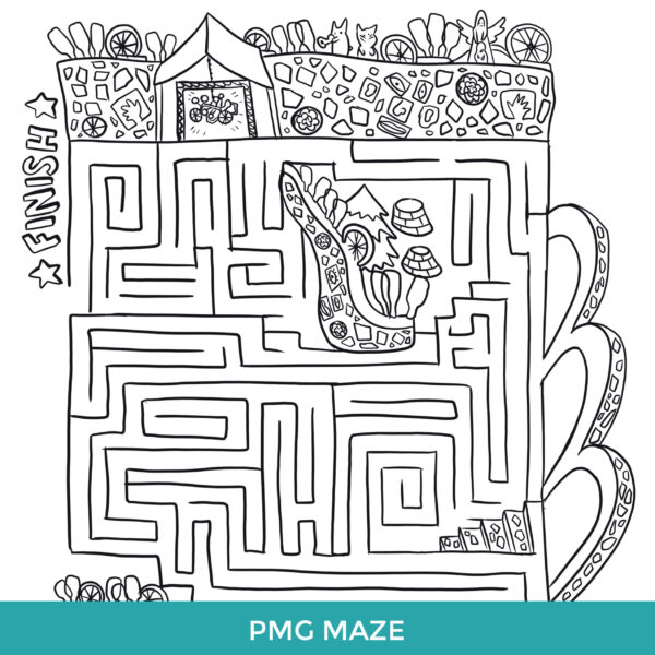 PMG Maze. A black-and-white line drawing of a maze with a depiction of Philadelphia's Magic Gardens at the top.