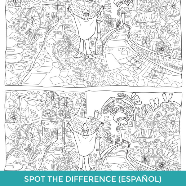 Spot the Difference in Spanish. Image divided in half showing two complicated line drawings of Isaiah Zagar standing in Philadelphia's Magic Gardens with his arms raised.