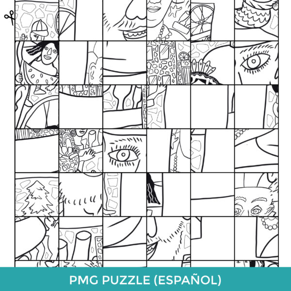 PMG Puzzle in Español. A grid of squares with a jumble of black-and-white line drawings within then containing elements of Philadelphia's Magic Gardens. Meant to be colored and cut out to assemble into an image.