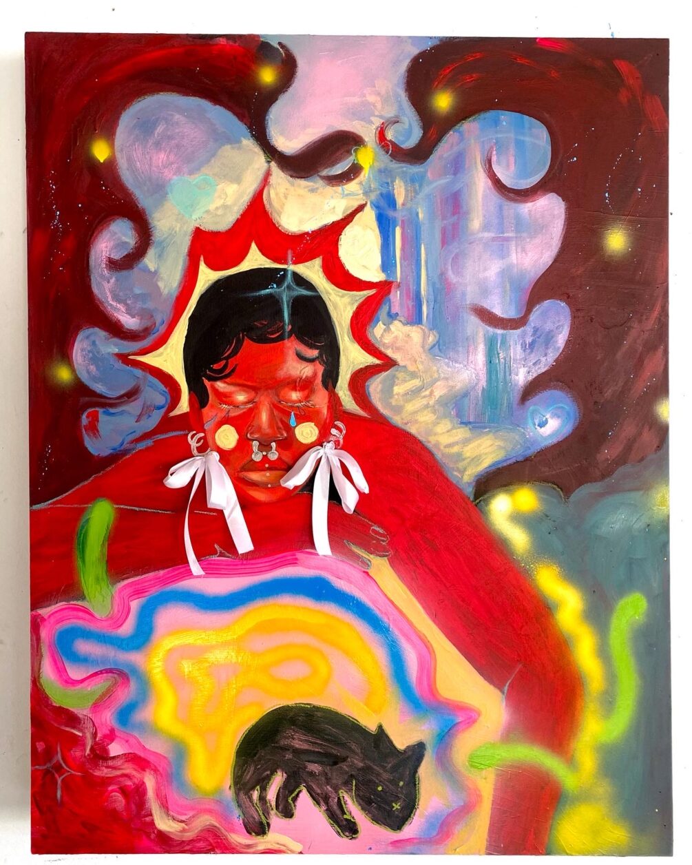An abstract painting by Zenaib Diamande of a person with red skin with flame-like and smoke-like designs behind them, holding a small black cat.