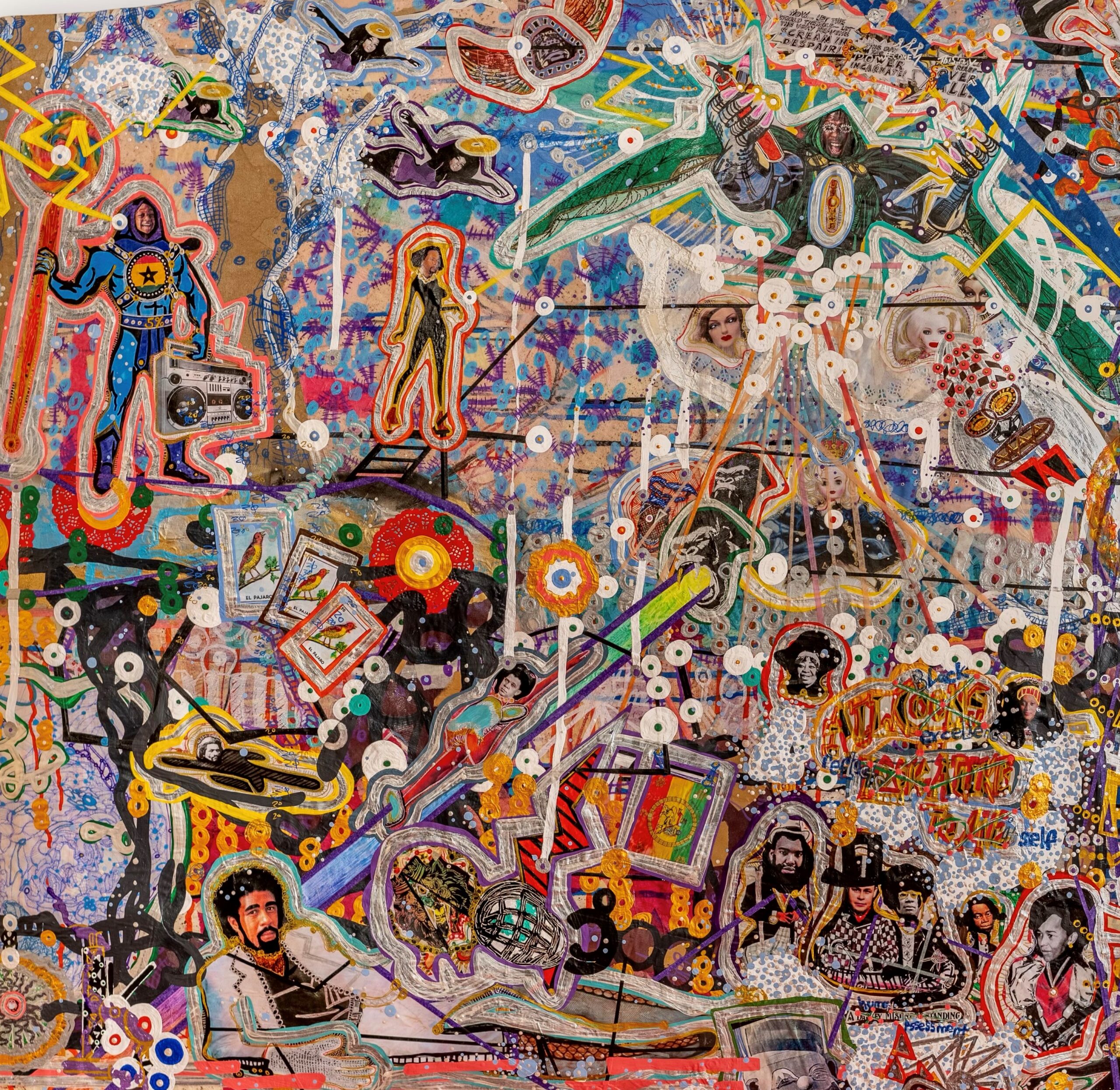 A collage-like painting by Anthony Smith Jr.  featuring various people and objects layered over each other.