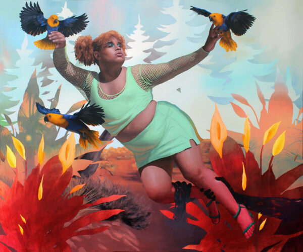 A painting by Santiago Galeas of a person in a light green skirt being raise up into the air by birds.