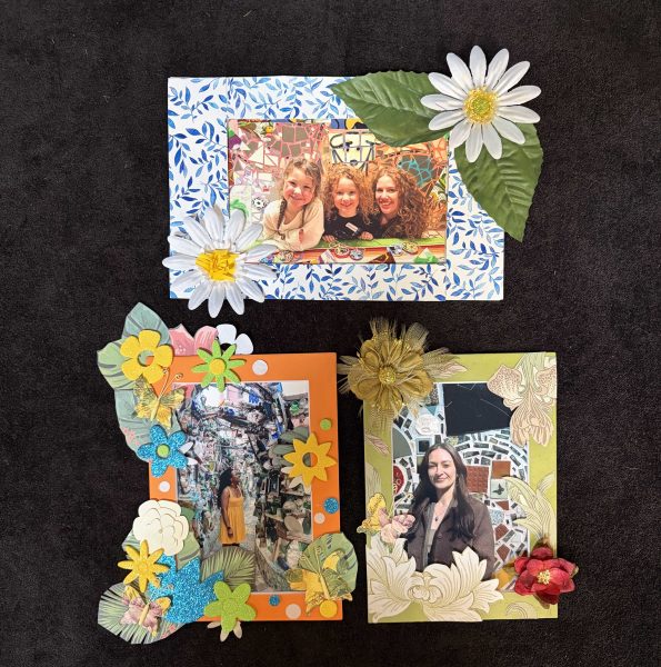 Three photographs of smiling people surrounded by mosaics in the Magic Gardens Museum. Each photograph is in a frame decorated with patterned paper, fabric flowers, plastic leaves, or glittery stickers.